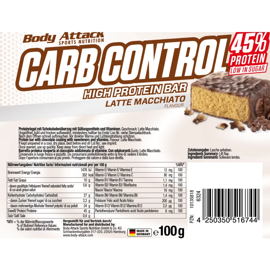 Body Attack Carb Control Bar,100g,LatteMacchiato
