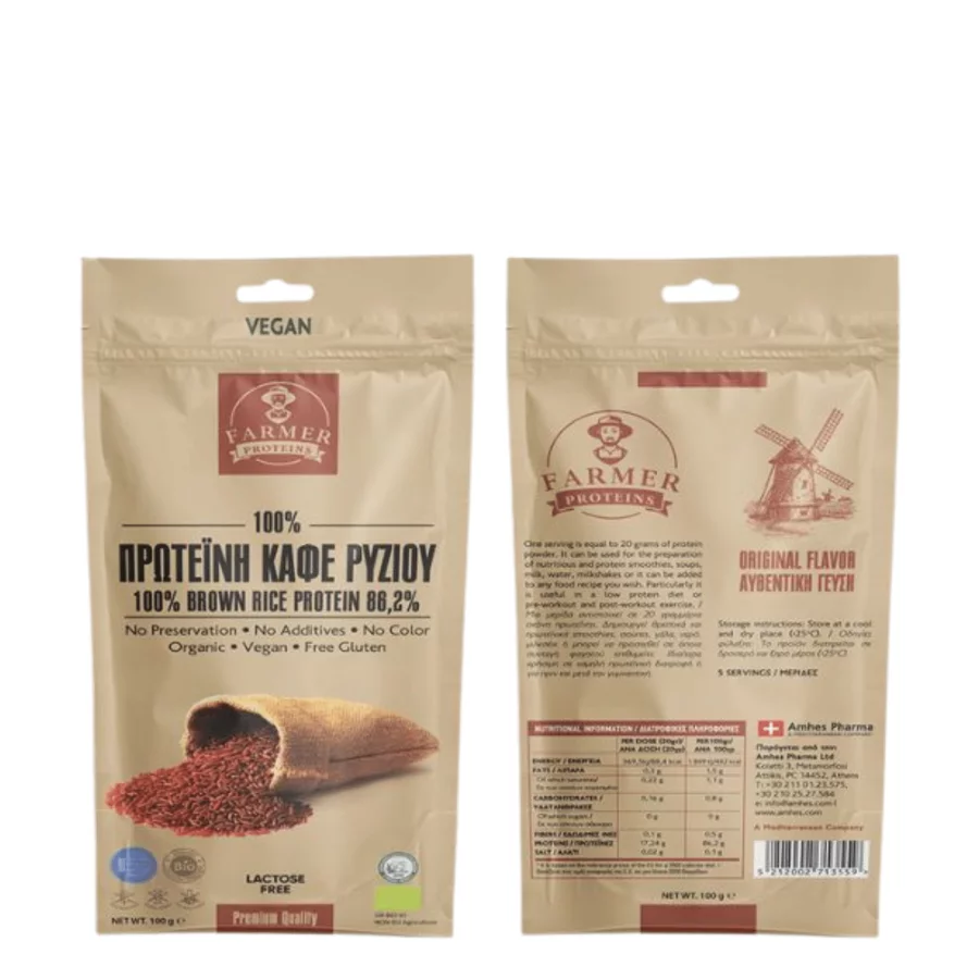 Farmer Proteins Πρωτεΐνη Bio Καφέ Ρυζιού 86.2% (100 gr)